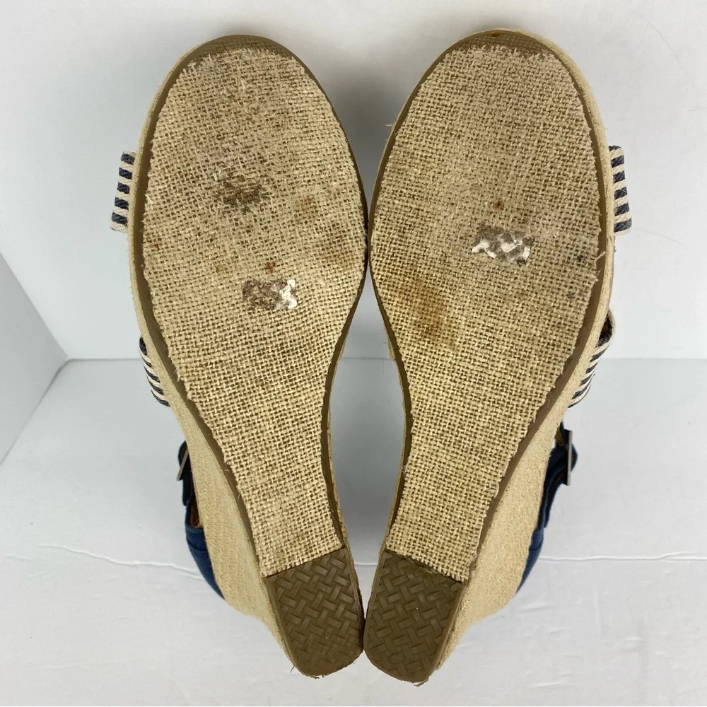 Toms size 9 Women’s Blue White Striped Ankle Strap Espadrille Wedge Sandals